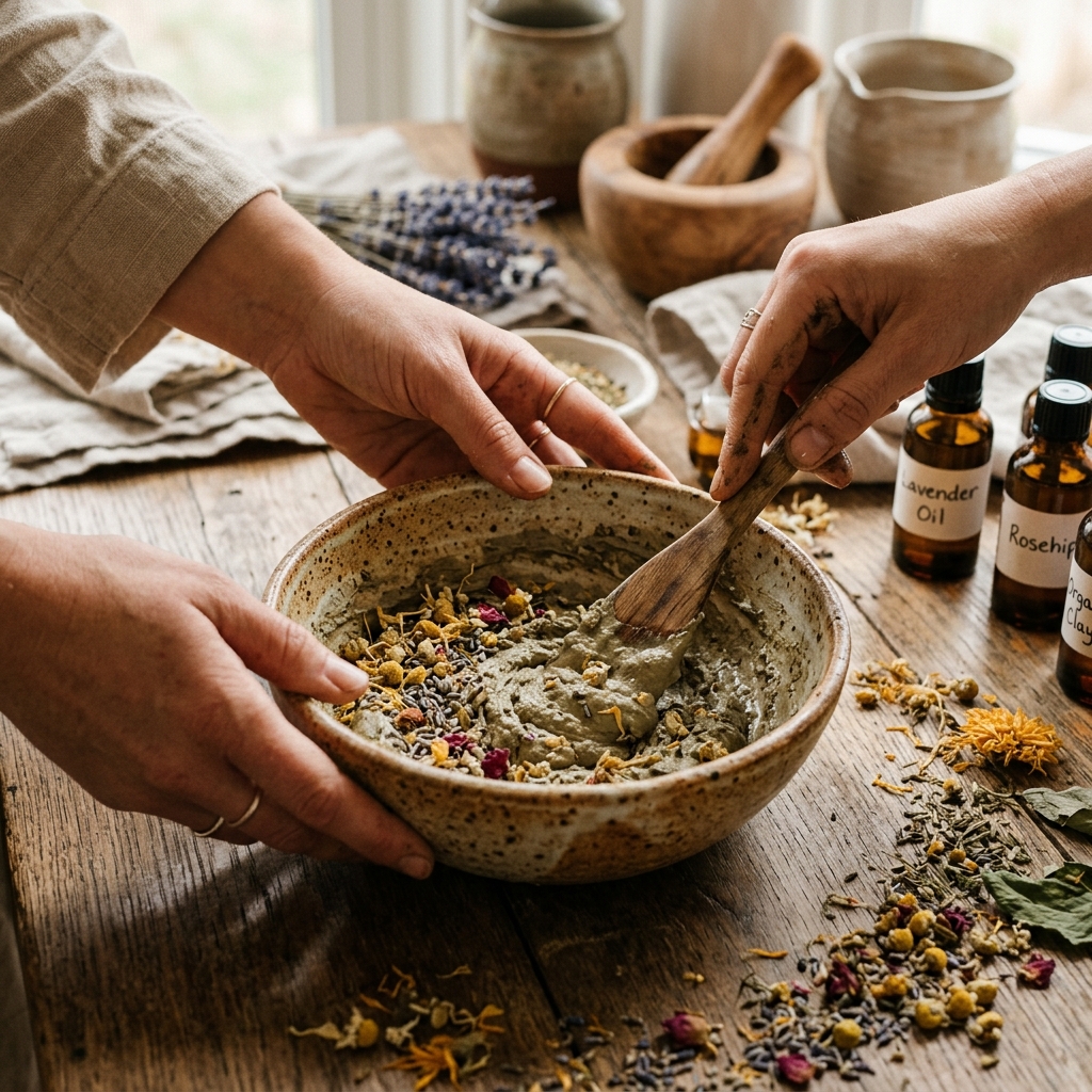 Hands carefully working with natural botanical ingredients